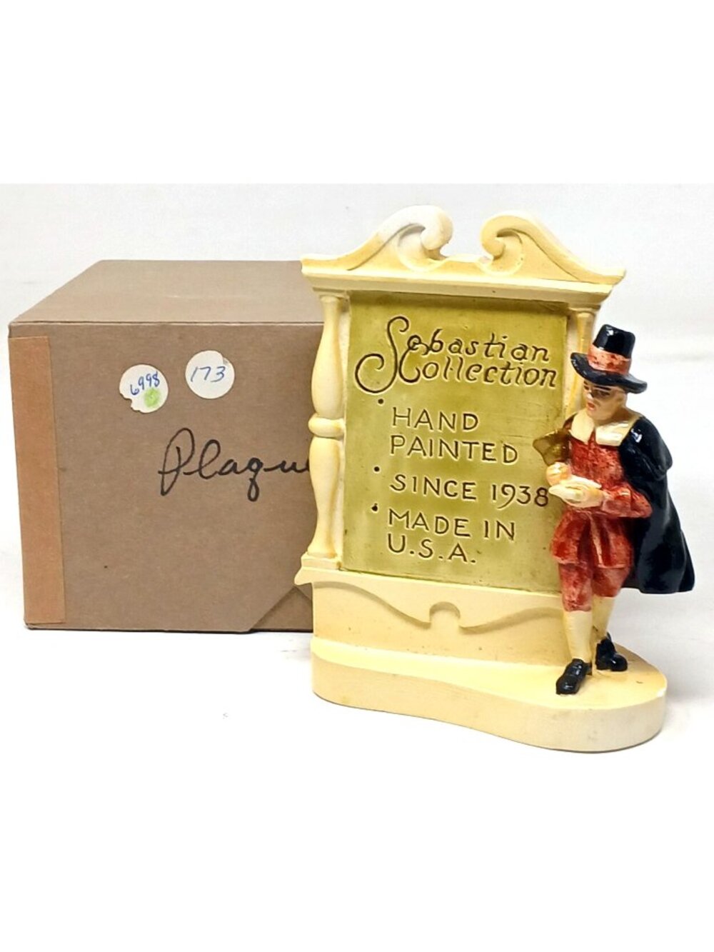 Sebastian Miniature Collection Dealer Plaque Pilgrim Figure PW Baston W/Box #D28